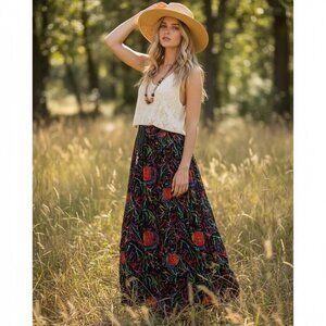 Vintage Silver Stream Colorful Fish Print Broomstick Maxi Skirt Boho Cotton OS